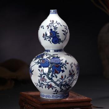景德镇陶瓷花瓶仿古手绘青花瓷瓶 釉里红五彩三果葫芦瓶客厅酒柜装饰